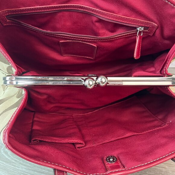 Coach Framed Kiss lock Carryall Tan And Red Stripe F17424 Signature Purse - Picture 5 of 6